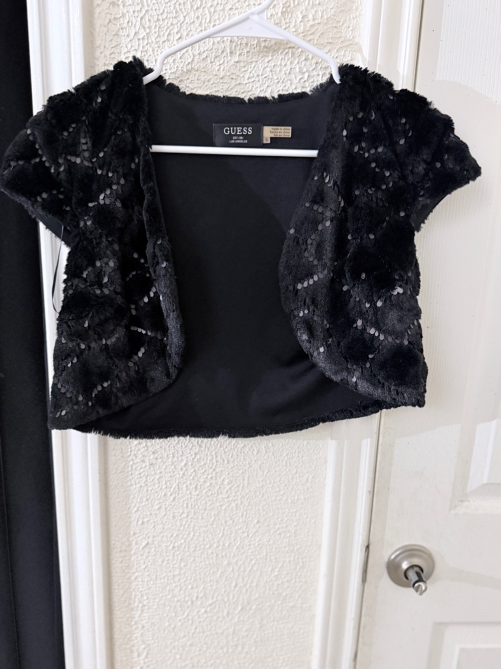 Guess Black Sequin Faux Fur Bolero Jacket